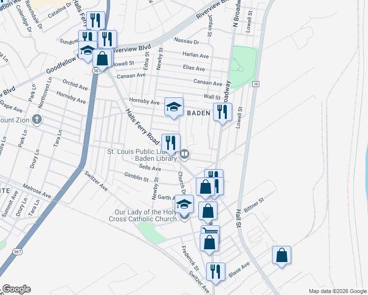 map of restaurants, bars, coffee shops, grocery stores, and more near 2 Gast Place in St. Louis