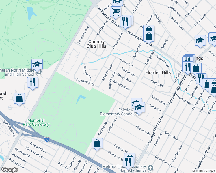 map of restaurants, bars, coffee shops, grocery stores, and more near 5529 Sapphire Avenue in Jennings
