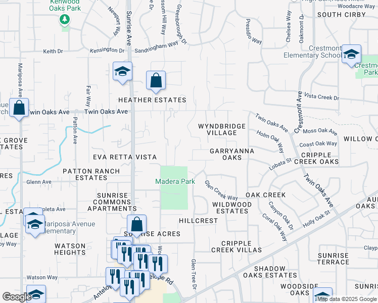 map of restaurants, bars, coffee shops, grocery stores, and more near 8213 Manger Way in Citrus Heights