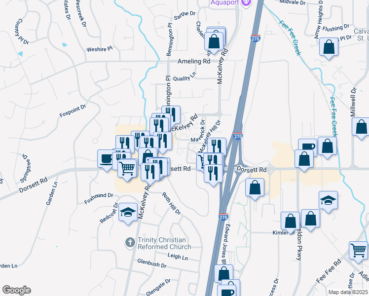map of restaurants, bars, coffee shops, grocery stores, and more near 12375 Spanish Trace Drive in Maryland Heights
