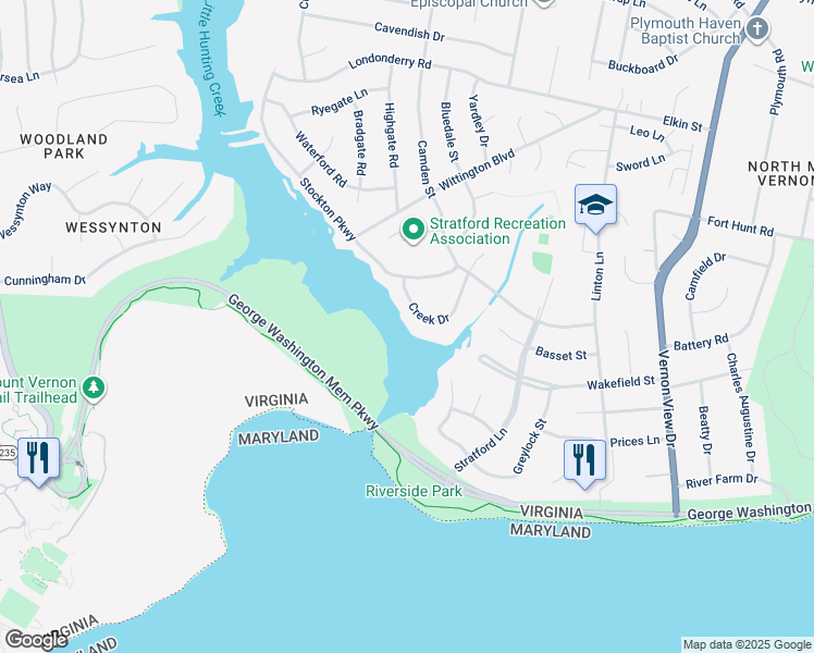 map of restaurants, bars, coffee shops, grocery stores, and more near 2325 Creek Drive in Alexandria