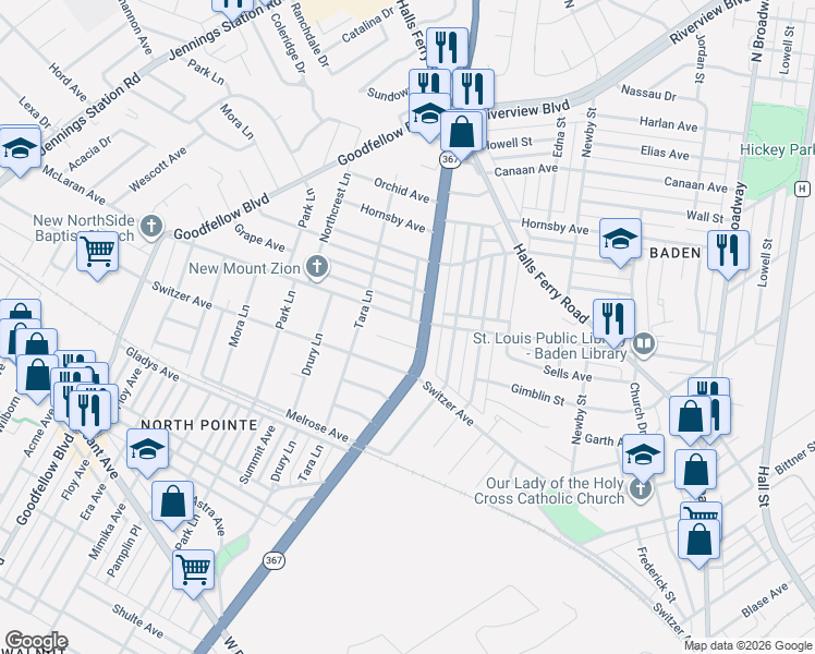 map of restaurants, bars, coffee shops, grocery stores, and more near 8711 Riverview Boulevard in St. Louis