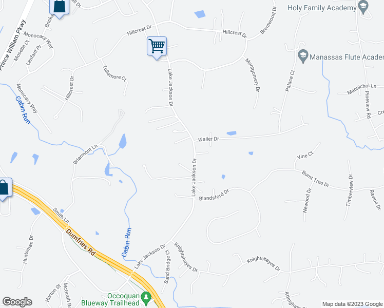 map of restaurants, bars, coffee shops, grocery stores, and more near 10906 Lake Jackson Drive in Manassas