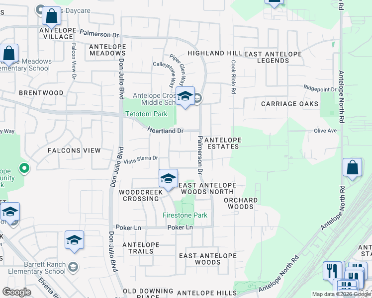 map of restaurants, bars, coffee shops, grocery stores, and more near 8109 Legacy Court in Antelope