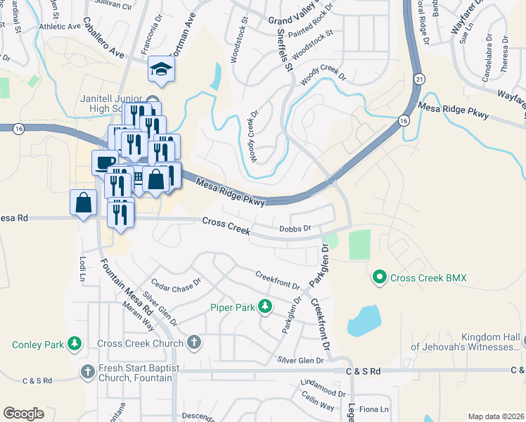map of restaurants, bars, coffee shops, grocery stores, and more near 7931 Brocket Lane in Fountain