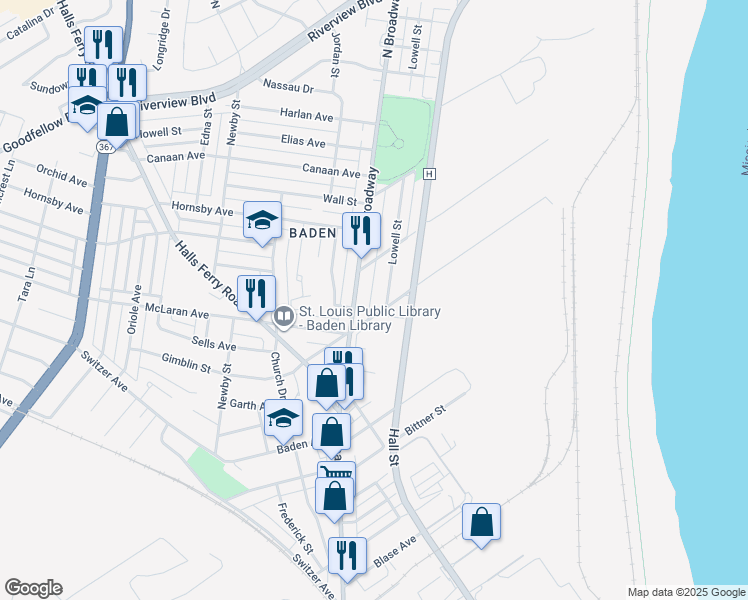 map of restaurants, bars, coffee shops, grocery stores, and more near 8414 Lowell Lane in St. Louis