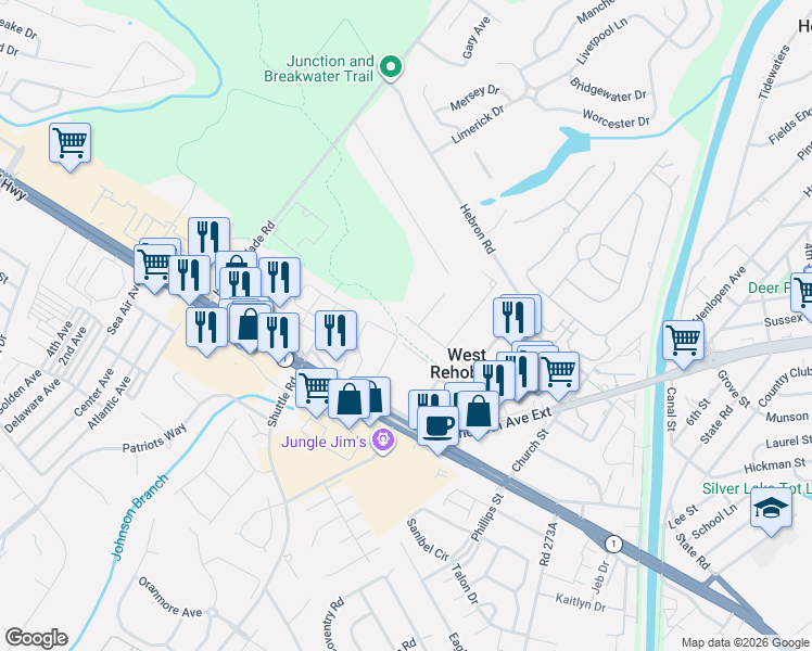 map of restaurants, bars, coffee shops, grocery stores, and more near 37134 Burton Avenue in Rehoboth Beach