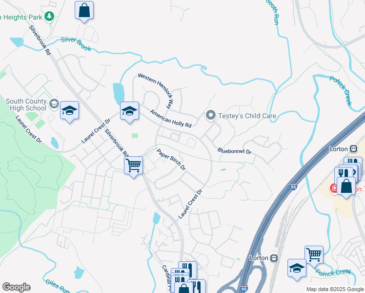 map of restaurants, bars, coffee shops, grocery stores, and more near 8209 Singleleaf Lane in Lorton
