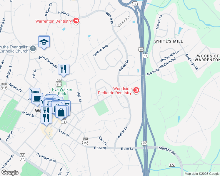 map of restaurants, bars, coffee shops, grocery stores, and more near 311 Amber Circle in Warrenton