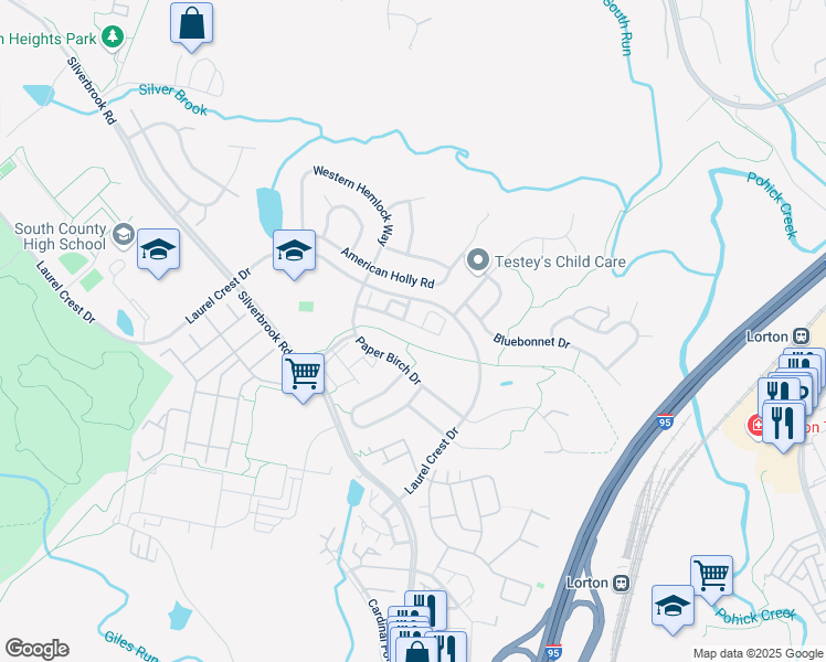 map of restaurants, bars, coffee shops, grocery stores, and more near 8211 Singleleaf Lane in Lorton