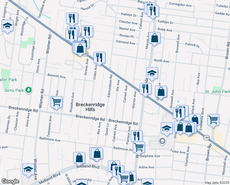 map of restaurants, bars, coffee shops, grocery stores, and more near 3334 Edmundson Road in Breckenridge Hills