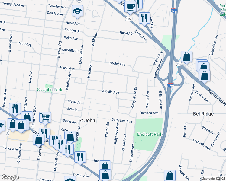 map of restaurants, bars, coffee shops, grocery stores, and more near 8612 Moran Place in St. Louis