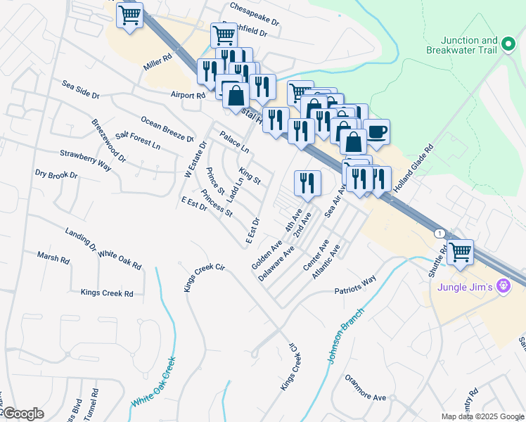 map of restaurants, bars, coffee shops, grocery stores, and more near 36478 East Estate Drive in Rehoboth Beach