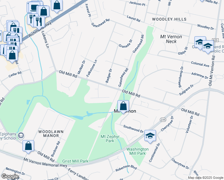 map of restaurants, bars, coffee shops, grocery stores, and more near 4411 Old Mill Road in Alexandria
