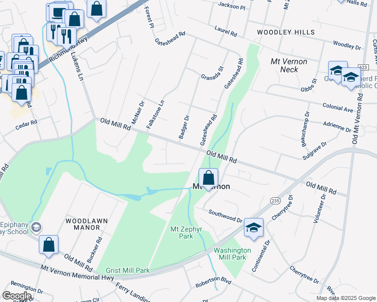 map of restaurants, bars, coffee shops, grocery stores, and more near 4411 Old Mill Road in Alexandria