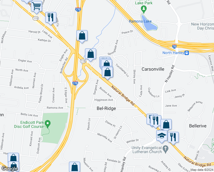 map of restaurants, bars, coffee shops, grocery stores, and more near 8911 Natural Bridge Road in St. Louis