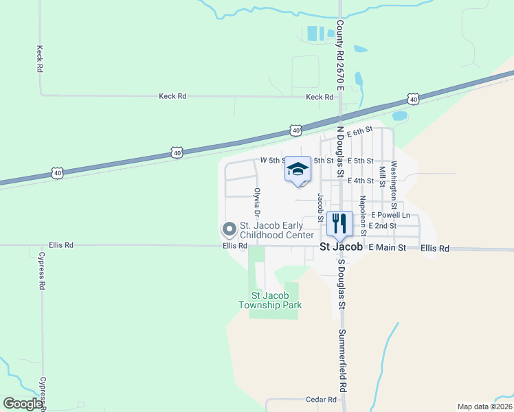 map of restaurants, bars, coffee shops, grocery stores, and more near 224 Olyvia Street in Saint Jacob