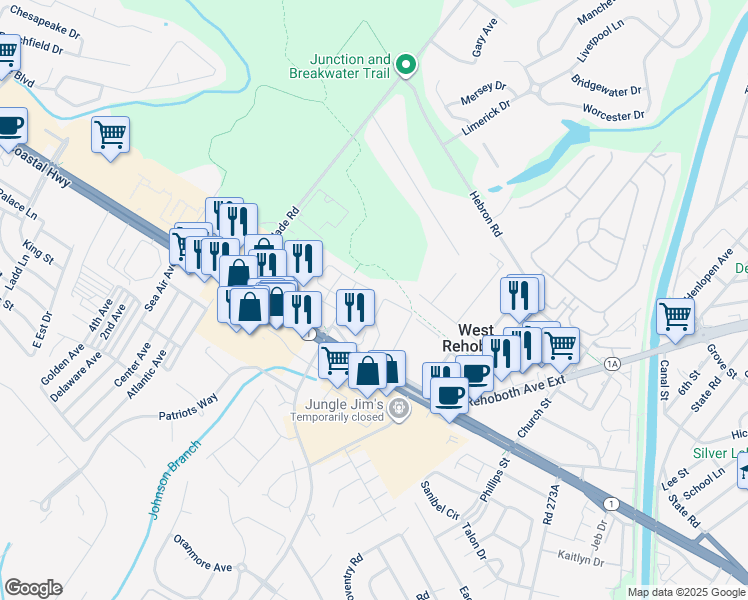 map of restaurants, bars, coffee shops, grocery stores, and more near 37077 Turnstone Circle in Rehoboth Beach