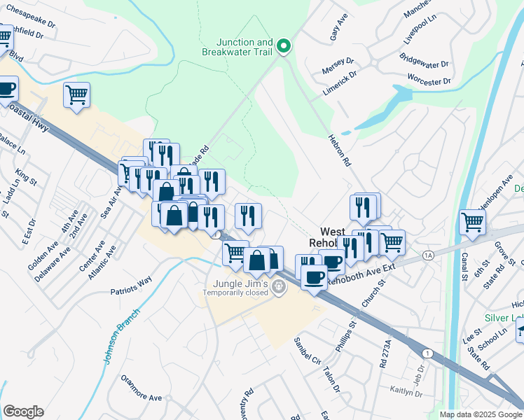 map of restaurants, bars, coffee shops, grocery stores, and more near 37077 Turnstone Circle in Rehoboth Beach