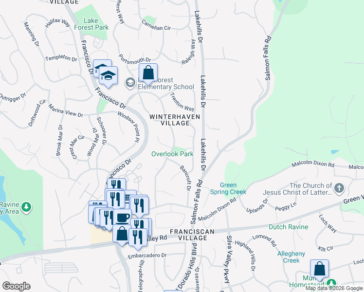 map of restaurants, bars, coffee shops, grocery stores, and more near 3257 Kensington Drive in El Dorado Hills