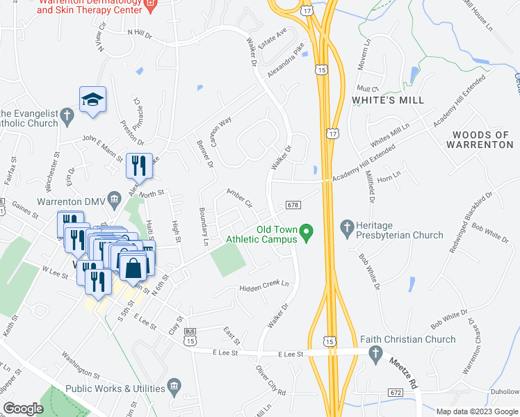 map of restaurants, bars, coffee shops, grocery stores, and more near 256 Sapphire Court in Warrenton