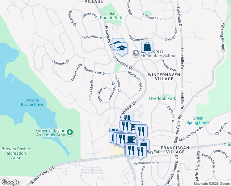 map of restaurants, bars, coffee shops, grocery stores, and more near 2059 Wood Mar Drive in El Dorado Hills