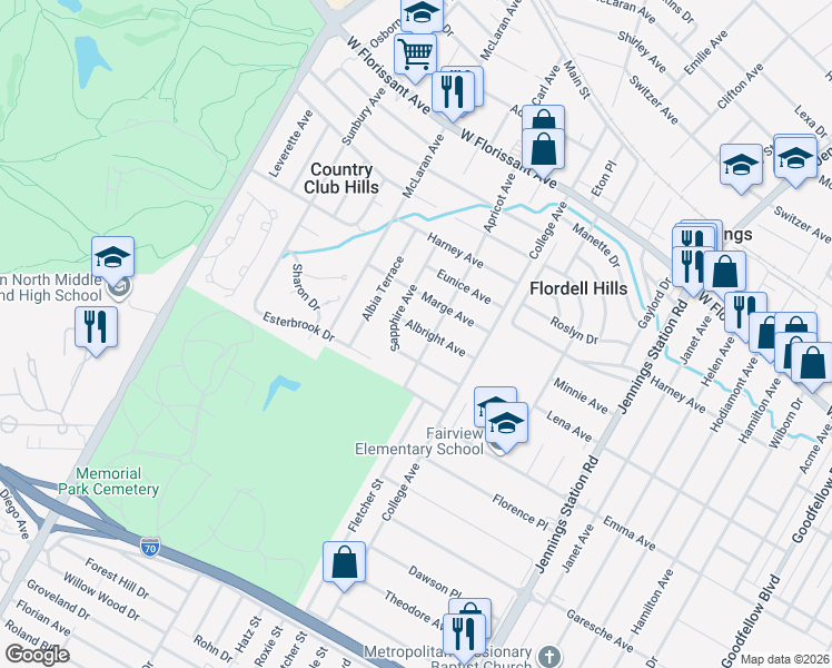 map of restaurants, bars, coffee shops, grocery stores, and more near 7307 Albright Avenue in Jennings