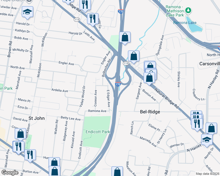 map of restaurants, bars, coffee shops, grocery stores, and more near 3670 East Edgar Avenue in St. Louis