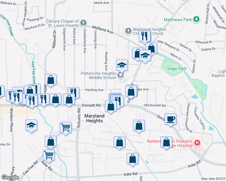 map of restaurants, bars, coffee shops, grocery stores, and more near 170 Reading Avenue in Maryland Heights