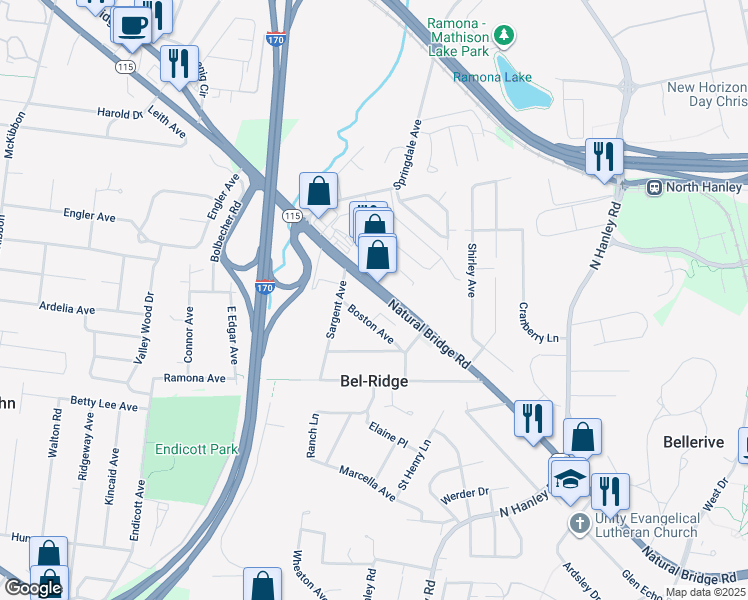 map of restaurants, bars, coffee shops, grocery stores, and more near 8911 Natural Bridge Road in St. Louis