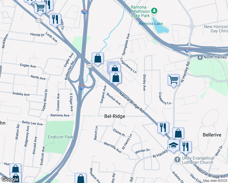 map of restaurants, bars, coffee shops, grocery stores, and more near 8980 Natural Bridge Road in St. Louis