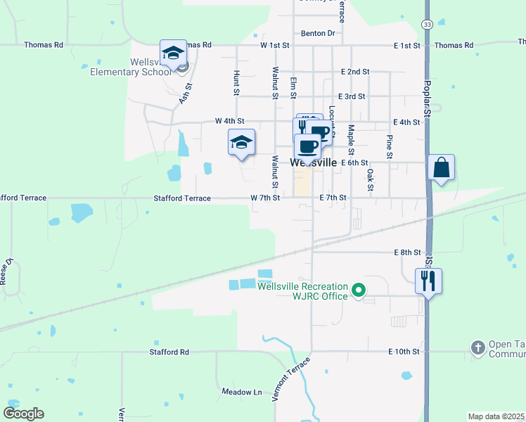 map of restaurants, bars, coffee shops, grocery stores, and more near 304 West 7th Street in Wellsville