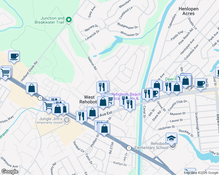 map of restaurants, bars, coffee shops, grocery stores, and more near 24 Nell Loop in Rehoboth Beach
