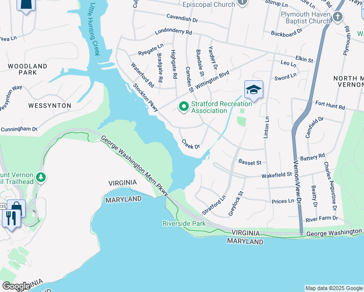 map of restaurants, bars, coffee shops, grocery stores, and more near 2325 Creek Drive in Alexandria