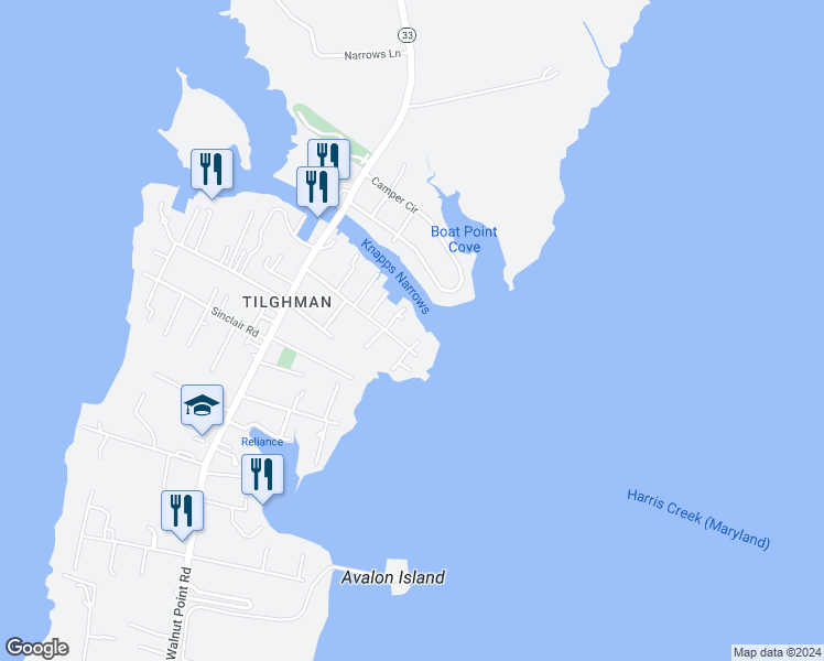 map of restaurants, bars, coffee shops, grocery stores, and more near 21628 Chicken Point Rd in Tilghman