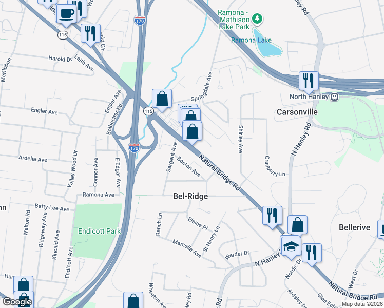 map of restaurants, bars, coffee shops, grocery stores, and more near 8911 Natural Bridge Road in St. Louis