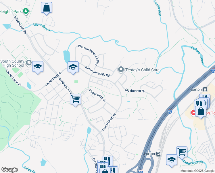 map of restaurants, bars, coffee shops, grocery stores, and more near 8945 Singleleaf Circle in Lorton