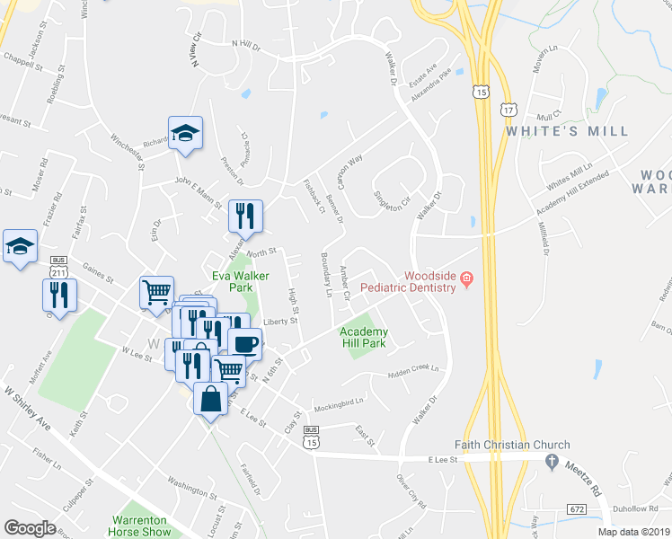 map of restaurants, bars, coffee shops, grocery stores, and more near 152 Lapis Court in Warrenton