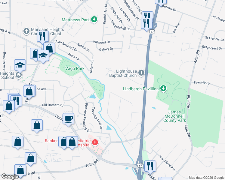 map of restaurants, bars, coffee shops, grocery stores, and more near 49 Grand Circle Drive in Maryland Heights
