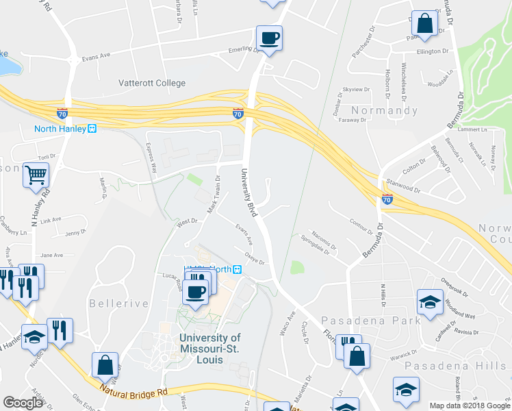 map of restaurants, bars, coffee shops, grocery stores, and more near 4359 Normandy Trace Drive in St. Louis