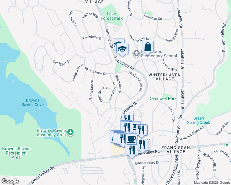 map of restaurants, bars, coffee shops, grocery stores, and more near 2059 Wood Mar Drive in El Dorado Hills