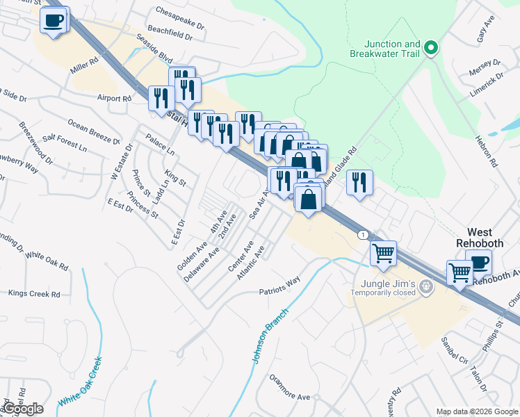 map of restaurants, bars, coffee shops, grocery stores, and more near 19763 Sea Air Avenue in Rehoboth Beach