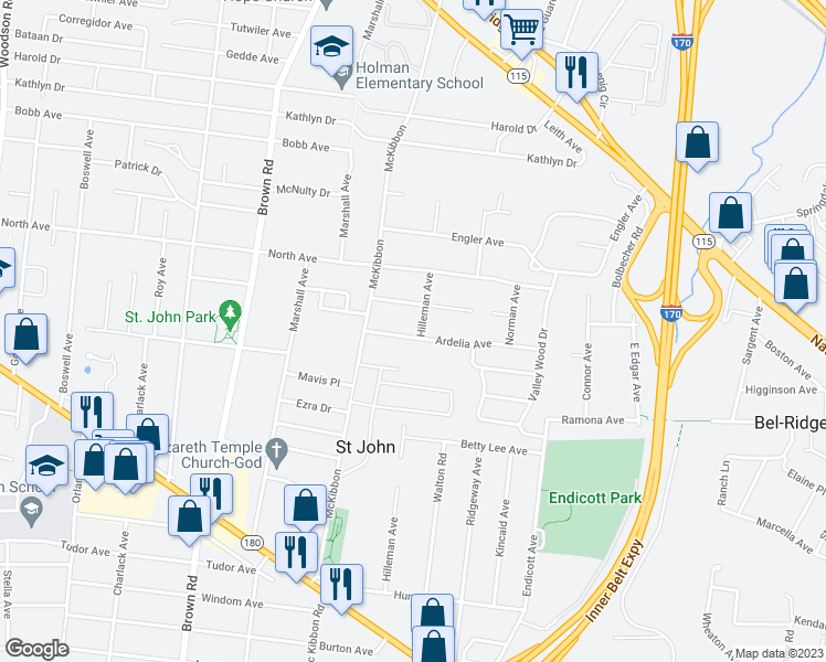 map of restaurants, bars, coffee shops, grocery stores, and more near 8645 Ardelia Avenue in St. Louis