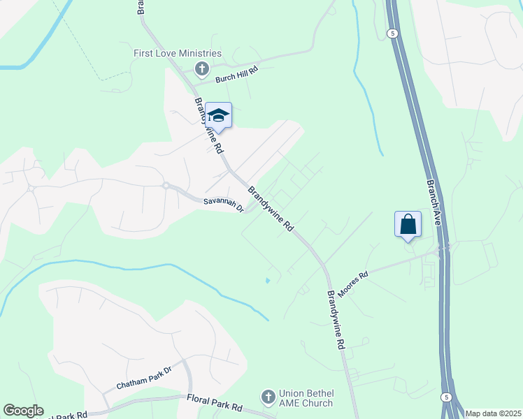 map of restaurants, bars, coffee shops, grocery stores, and more near 12607 Brandywine Road in Brandywine