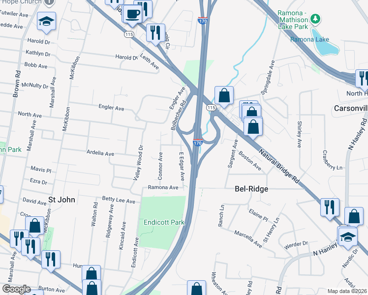 map of restaurants, bars, coffee shops, grocery stores, and more near 3670 East Edgar Avenue in St. Louis