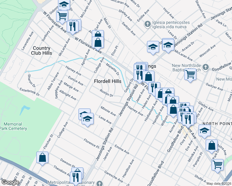 map of restaurants, bars, coffee shops, grocery stores, and more near 7026 Manette Drive in St. Louis