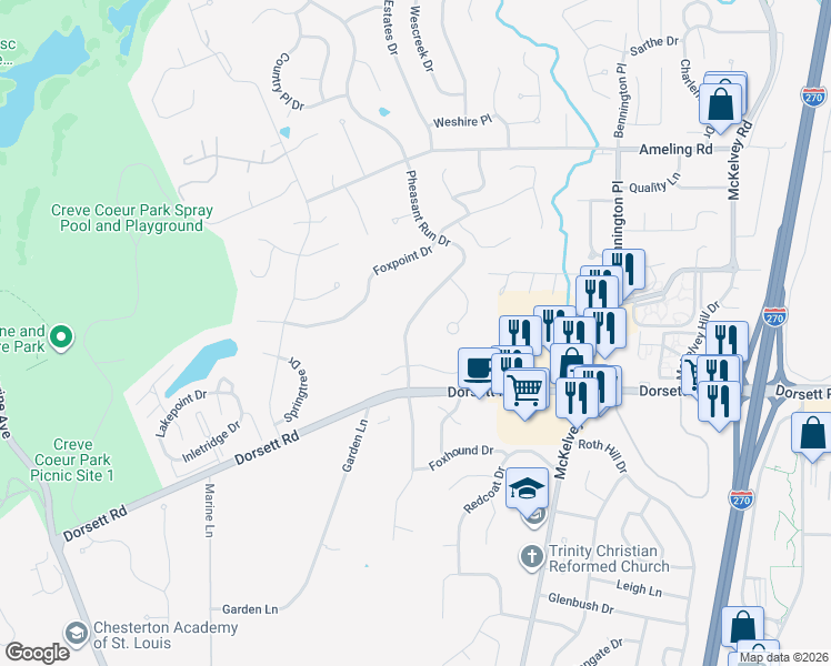 map of restaurants, bars, coffee shops, grocery stores, and more near 2028 Pheasant Run Drive in Maryland Heights