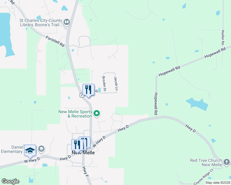 map of restaurants, bars, coffee shops, grocery stores, and more near in New Melle