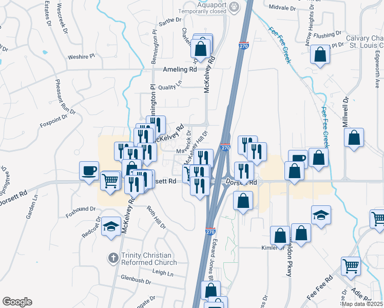 map of restaurants, bars, coffee shops, grocery stores, and more near 2000 McKelvey Hill Drive in Maryland Heights