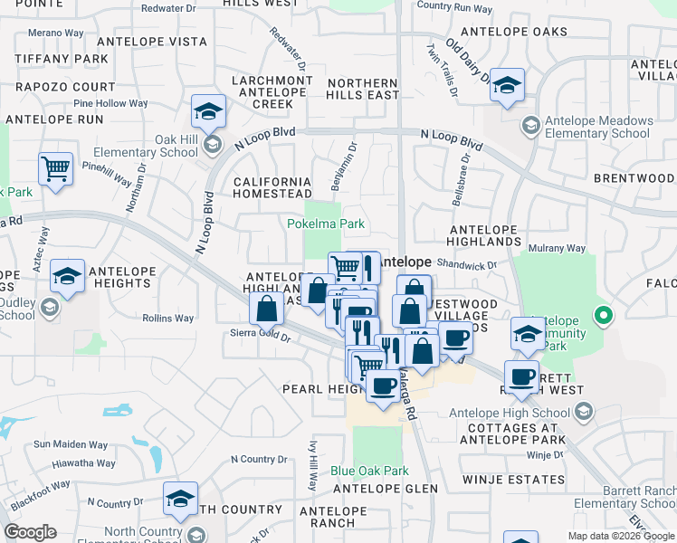 map of restaurants, bars, coffee shops, grocery stores, and more near 8234 Deer Spring Circle in Antelope